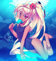Rule 34 | 1girl, air bubble, barefoot, blonde hair, breath, bubble, dark skin, dark-skinned female, diving, diving mask, diving mask on head, feet, flower, food, freediving, goggles, goggles on head, hair flower, hair ornament, hibiscus, kamitsurugi ouka, long hair, one-piece swimsuit, original, ponytail, popsicle, red eyes, school swimsuit, snorkel, solo, swimming, swimsuit, underwater