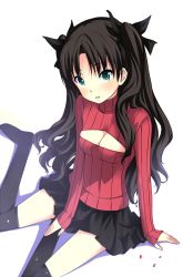 Rule 34 | 1girl, azutan, black hair, blue eyes, fate/stay night, fate (series), hair ribbon, highres, meme attire, no shoes, open-chest sweater, ribbon, solo, sweater, thighhighs, tohsaka rin, two side up