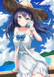 Rule 34 | 1girl, absurdres, against railing, bare shoulders, bird, blue eyes, blue hair, blue sky, bow, can, closed mouth, cloud, day, dress, frilled dress, frills, hat, highres, holding, holding can, against railing, light smile, looking at viewer, mixyuto, moe2020, ocean, original, railing, scrunchie, sky, solo, standing, straw hat, sun hat, white dress, wooden railing, wrist scrunchie