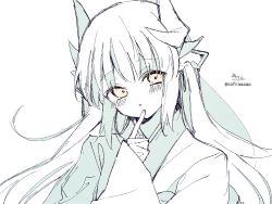 Rule 34 | 1girl, :o, blush, brown eyes, fate/grand order, fate (series), head tilt, highres, horns, japanese clothes, kimono, kiyohime (fate), long sleeves, looking at viewer, parted lips, signature, simple background, sleeves past wrists, sofra, solo, twitter username, upper body, white background, wide sleeves