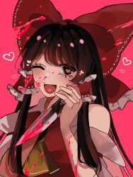 Rule 34 | 1girl, :d, ambiguous pink liquid, ascot, bare shoulders, bow, brown hair, commentary request, detached sleeves, frilled bow, frills, hakurei reimu, heart, heart-shaped pupils, highres, holding, holding knife, knife, lemonade0140147, long hair, long sleeves, looking at viewer, open mouth, pink background, red bow, red shirt, shirt, sidelocks, smile, solo, symbol-shaped pupils, touhou, very long hair, white sleeves, wide sleeves, yellow ascot