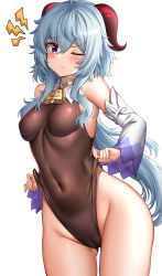 Rule 34 | 1girl, :t, absurdres, ahoge, bare shoulders, bell, blue hair, breasts, brown leotard, cameltoe, cleft of venus, covered navel, cowbell, cowboy shot, detached collar, detached sleeves, ganyu (genshin impact), genshin impact, gluteal fold, goat horns, groin, highleg, highleg leotard, highres, horns, leotard, long hair, looking at viewer, low ponytail, medium breasts, no gloves, notice lines, one eye closed, pout, purple eyes, simple background, solo, sunhyun, thighs, white background