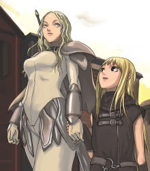 Rule 34 | 00s, 2girls, age difference, armor, blonde hair, clare (claymore), claymore (series), face, holding hands, long hair, multiple girls, pteruges, tea (nakenashi), teresa