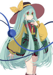 Rule 34 | 1girl, absurdres, alternate hair length, alternate hairstyle, black hat, blush, bow, closed mouth, expressionless, eyeball, feet out of frame, finger to mouth, frilled sleeves, frills, green eyes, green skirt, hand up, hat, hat bow, hat ribbon, highres, komeiji koishi, light green hair, long hair, long sleeves, looking at viewer, neck ribbon, puffy long sleeves, puffy sleeves, red ribbon, ribbon, shirt, shocho (shaojiujiu), sidelocks, simple background, skirt, solo, third eye, touhou, white background, yellow bow, yellow ribbon, yellow shirt