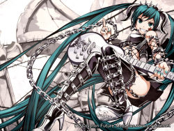 Rule 34 | 1girl, absurdly long hair, aqua eyes, aqua hair, armpits, bare shoulders, boots, chain, collar, detached sleeves, dominatrix, electric guitar, facial tattoo, fake horns, garter straps, guitar, hair between eyes, hatsune miku, headset, high heel boots, high heels, horned headwear, horns, instrument, jewelry, leather, long hair, looking at viewer, metal, nail polish, ring, shoes, skirt, smile, solo, spikes, tattoo, thigh boots, thighhighs, torigoe takumi, twintails, very long hair, vocaloid, watermark, web address
