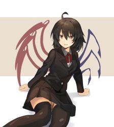 Rule 34 | 1girl, :d, ahoge, alternate costume, arm support, asymmetrical wings, black hair, black jacket, black skirt, black thighhighs, blazer, blue wings, bow, bowtie, breasts, commentary request, contemporary, falken (yutozin), feet out of frame, grey background, hair between eyes, highres, houjuu nue, jacket, long sleeves, looking at viewer, medium breasts, miniskirt, one-hour drawing challenge, open mouth, pleated skirt, red bow, red bowtie, red eyes, red wings, school uniform, shadow, shirt, short hair, sitting, skirt, smile, solo, thighhighs, touhou, two-tone background, white background, white shirt, wings