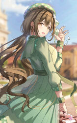 Rule 34 | 1girl, absurdres, ahoge, alternate hairstyle, bag, belly chain, blue sky, blurry, blurry background, blush, bow, breasts, brown eyes, brown hair, building, citrusmikan, cloud, day, dress, earrings, frilled dress, frills, from behind, green bow, green dress, green hat, green ribbon, green scrunchie, hair bow, hair ornament, hand up, hat, hat ribbon, highres, holding, holding bag, idolmaster, idolmaster shiny colors, jewelry, kuwayama chiyuki, large breasts, long hair, long sleeves, looking at viewer, looking back, open hand, open mouth, outdoors, pavement, pink nails, plaid headwear, ponytail, ribbon, scrunchie, see-through, sky, smile, solo, tree, waist bow, wrist scrunchie