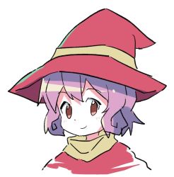 Rule 34 | 1girl, blush, brown eyes, closed mouth, commentary, cropped shoulders, hat, looking at viewer, original, portrait, purple hair, red hat, red robe, robe, roku no hito, short hair, simple background, smile, solo, white background, witch hat