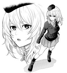 Rule 34 | 1girl, ankle boots, bonkara (sokuseki maou), boots, closed mouth, commentary, dress shirt, frown, garrison cap, girls und panzer, greyscale, hand on own hip, hat, highres, insignia, itsumi erika, jacket, kuromorimine military uniform, long sleeves, looking at viewer, medium hair, military, military hat, military uniform, miniskirt, monochrome, multiple views, open mouth, pleated skirt, shadow, shirt, skirt, socks, standing, uniform, wing collar