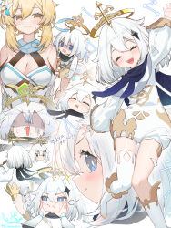 Rule 34 | 2girls, bare shoulders, black scarf, blonde hair, blue eyes, blush, breasts, bright pupils, cleavage, closed eyes, constellation, detached sleeves, dress, feather hair ornament, feathers, floating, flower, food, food on face, full body, genshin impact, hair between eyes, hair flower, hair ornament, halo, hand on another&#039;s face, happy, highres, kiramarukou, large breasts, looking back, lumine (genshin impact), mechanical halo, multiple girls, multiple views, open mouth, paimon (genshin impact), scared, scarf, short hair with long locks, sidelocks, simple background, single thighhigh, sleeping, sweatdrop, teeth, thighhighs, upper teeth only, white background, white dress, white flower, white footwear, white hair, white pupils, white scarf, yellow eyes