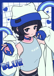 Rule 34 | 1girl, bare shoulders, beanie, black eyes, black hair, blue border, blue choker, blue nails, blush, border, breasts, choker, closed mouth, cloud, commentary, dated, grey shirt, grid background, hat, heart, highres, jacket, long sleeves, looking at viewer, nail polish, neki (wakiko), o-ring, o-ring choker, open clothes, open jacket, original, puffy long sleeves, puffy sleeves, rainbow, shirt, sleeveless, sleeveless shirt, sleeves past wrists, small breasts, solo, twitter username, upper body, white hat, white jacket