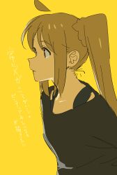 Rule 34 | 1girl, ahoge, bad id, bad twitter id, black shirt, blonde hair, bocchi the rock!, closed mouth, from side, highres, ijichi nijika, kerorira, long hair, shirt, side ponytail, simple background, solo, translation request, upper body, yellow background