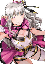 Rule 34 | 1girl, armpits, blunt bangs, bow, breasts, cleavage, closed mouth, cowboy shot, curly hair, fingerless gloves, floating hair, gloves, gold trim, hair bow, hat, highres, idolmaster, idolmaster (classic), long hair, looking at viewer, medium breasts, nail polish, overskirt, pink eyes, pink nails, pink skirt, purple gloves, shijou takane, short shorts, shorts, silver hair, simple background, skirt, solo, striped, striped bow, thighhighs, top! clover, tsurui, very long hair, white background, white hat, white shorts, white thighhighs, zettai ryouiki