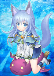 Rule 34 | 1girl, :3, animal ears, bad id, bad pixiv id, blue background, blue eyes, blue hair, blush, capelet, creature, demon wings, expressionless, fox ears, fox tail, frilled skirt, frills, gradient background, grimorigin, hakugin no shikigami izuna, long hair, original, ribbon-trimmed sleeves, ribbon trim, riding, sandals, skirt, solo, tabi, tail, wings, wraith the etoile