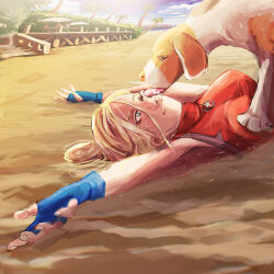 Rule 34 | beach, blonde hair, blue eyes, blue mary, breasts, fatal fury, fingerless gloves, gloves, highres, large breasts, lying, snk, the king of fighters