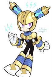 Rule 34 | 1boy, android, armor, black bodysuit, bodysuit, bolt (hardware), breastplate, chibi, commentary request, full body, fuse, fuse man, gloves, hand up, helmet, highres, joints, male focus, mega man (classic), mega man (series), mega man 11, purple eyes, robot, robot joints, shoulder armor, simple background, sitting, solo, solo focus, standing, vambraces, wenyu, white background, yellow armor, yellow headwear