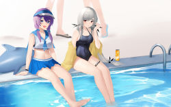 Rule 34 | 2girls, :d, absurdres, arknights, bare arms, bare legs, bare shoulders, barefoot, black one-piece swimsuit, blue eyes, blue skirt, breasts, cleavage, closed mouth, covered navel, crop top, crop top overhang, grey hair, hair over shoulder, hair ribbon, halterneck, highres, inflatable dolphin, inflatable toy, jacket, large breasts, long hair, long sleeves, looking at viewer, low twintails, medium breasts, midriff, miniskirt, multiple girls, navel, off shoulder, one-piece swimsuit, open clothes, open jacket, open mouth, pleated skirt, poolside, purestream (arknights), purple hair, red eyes, ribbon, sailor collar, sailor shirt, shirt, skirt, sleeveless, sleeveless shirt, smile, soaking feet, stomach, swimsuit, thigh strap, thighs, twintails, visor cap, water, weedy (arknights), white shirt, wristband, xiaobei, yellow jacket