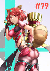 Rule 34 | 1girl, animal ears, artist request, ass, blush, breasts, circlet, female focus, fingerless gloves, from behind, gloves, hammer, highres, large breasts, looking at viewer, mario (series), matching hair/eyes, nintendo, pantyhose, pyra (xenoblade), raccoon ears, raccoon tail, red eyes, red hair, red shorts, shiny clothes, shiny skin, short hair, short shorts, shorts, sideboob, smile, solo, super mario bros. 3, super smash bros., tail, wrecking crew, xenoblade chronicles (series), xenoblade chronicles 2