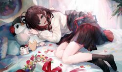 Rule 34 | 1girl, ahoge, arm up, bed sheet, black hair, black skirt, black socks, blue flower, bouquet, commentary request, curtains, earrings, flower, green eyes, hair ornament, hizuki yui, jewelry, long sleeves, looking at viewer, lying, makihitsuji, multicolored hair, neo-porte, no shoes, official art, on side, petals, pillow, pleated skirt, puffy long sleeves, puffy sleeves, red flower, red hair, red rose, rose, shirt, skirt, socks, soles, solo, streaked hair, stuffed animal, stuffed penguin, stuffed toy, virtual youtuber, white flower, white shirt, yellow flower
