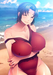 1girl arm_under_breasts bare_arms beach black_hair blue_sky breasts cleavage closed_eyes cloud collarbone covered_erect_nipples curvy day highres horizon kamitani large_breasts mature_female mountainous_horizon ocean one-piece_swimsuit original outdoors parted_bangs red_one-piece_swimsuit short_hair sky smile solo strap_slip swimsuit