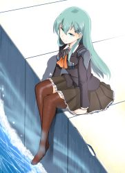 Rule 34 | 10eki (tenchou), 1girl, absurdres, aqua eyes, aqua hair, ascot, blazer, breasts, brown jacket, brown skirt, brown thighhighs, collared shirt, commentary request, feet, from above, hair between eyes, hair ornament, hairclip, highres, jacket, kantai collection, legs, long hair, long sleeves, looking away, medium breasts, no shoes, ocean, pleated skirt, school uniform, shirt, sitting, skirt, smile, solo, striped clothes, striped thighhighs, suzuya (kancolle), thighhighs, water