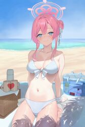 Rule 34 | 1girl, absurdres, arm support, beach, bikini, blue archive, blue sky, breasts, closed mouth, collarbone, commentary request, cup, day, hair bun, halo, highres, horizon, large breasts, looking at viewer, mimori (blue archive), navel, ocean, outdoors, pink hair, pink halo, rikuhito juusan, single hair bun, single side bun, sky, smile, solo, swimsuit, white bikini