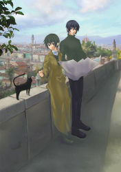 Rule 34 | 1boy, 1girl, androgynous, black cat, black eyes, black footwear, black hair, black pants, blue sky, brown coat, building, cat, city, closed mouth, cloud, coat, commentary request, day, full body, green eyes, green hair, green sweater, holding, holding map, kino (kino no tabi), kino no tabi, konomu0522, looking at animal, looking to the side, map, outdoors, pants, shirt, shizu (kino no tabi), shoes, short hair, sky, standing, statue, sweater, tree, white shirt