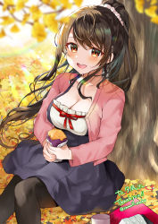 Rule 34 | 1girl, absurdres, autumn leaves, black dress, black hair, black pantyhose, blurry, breasts, brown eyes, cleavage, collarbone, commission, cup, day, depth of field, dress, food, hair ornament, hair scrunchie, highres, holding, holding food, jacket, leaf, long hair, looking at viewer, onigiri, open mouth, original, outdoors, pantyhose, pink jacket, ponytail, scrunchie, signature, sitting, skeb commission, smile, solo, sweet potato, teeth, tree, upper teeth only, yam (yamap mako)