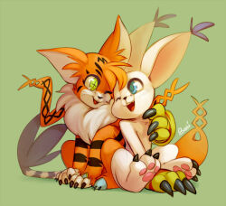 Rule 34 | 2others, blue eyes, digimon, digimon (creature), green eyes, meicoomon, multiple others, one eye closed, tailmon