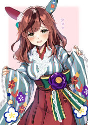Rule 34 | 1girl, alternate hairstyle, animal ears, blush, breasts, brown eyes, brown hair, commentary request, hair ornament, horse ears, horse girl, horse tail, japanese clothes, kimono, long hair, looking at viewer, maronie., medium breasts, nice nature (converging wishes) (umamusume), nice nature (umamusume), official alternate costume, simple background, solo, tail, umamusume, white background