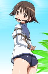 Rule 34 | 1girl, ass, ball gag, bdsm, blush, bondage, bound, breasts, brown eyes, brown hair, day, dress, gag, highres, looking at viewer, looking back, military, military uniform, miyafuji yoshika, palm tree, sailor dress, shaneko, short hair, sky, small breasts, solo, strike witches, swimsuit, tree, uniform, wiffle gag, world witches series
