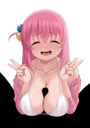 Rule 34 | 1girl, absurdres, armpit crease, atgsanz (wttoo0000), bikini, blank censor, bocchi the rock!, breasts, censored, cleavage, closed eyes, collarbone, cube hair ornament, double v, gotoh hitori, hair ornament, highres, huge breasts, jacket, long hair, long sleeves, one side up, open clothes, open jacket, open mouth, paizuri, penis, pink hair, pink jacket, simple background, smile, solo focus, swimsuit, tongue, track jacket, v, wavy mouth, white background, white bikini