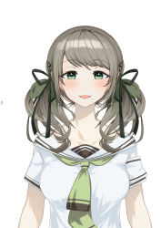 Rule 34 | 1girl, :3, blush, breasts, brown hair, cluseller, collarbone, female focus, green eyes, green neckerchief, green ribbon, hair ribbon, half-closed eyes, happy, highres, hinamizawa kurumi, looking at viewer, medium breasts, mole, mole under mouth, neckerchief, open mouth, pygmalion. (group), ribbon, school uniform, shirt, short sleeves, sidelocks, simple background, smile, solo, straight-on, swept bangs, twintails, upper body, virtual youtuber, white background, white shirt