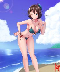 Rule 34 | 1girl, beach, beret, bikini, blue bikini, blue eyes, blue sky, blush, breasts, brown hair, closed mouth, cloud, day, hand on own hip, hat, kantai collection, large breasts, maya (kancolle), medium hair, ocean, one eye closed, sky, smile, solo, swimsuit, tadokoro nurikabe