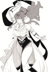 Rule 34 | 1girl, absurdres, alternate costume, arm up, bracelet, breasts, cleavage, dancer, dancer (fire emblem: three houses), fire emblem, fire emblem awakening, hair ribbon, highres, jewelry, large breasts, long hair, looking at viewer, monochrome, nintendo, pelvic curtain, pendant choker, pointy ears, ponytail, ribbon, sakuremi, sash, shawl, sidelocks, smile, solo, thighs, tiara, tiki (adult) (fire emblem), tiki (fire emblem)