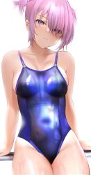 Rule 34 | 1girl, alternate costume, alternate hairstyle, backlighting, bad id, bad pixiv id, blue one-piece swimsuit, breasts, cleavage, closed mouth, commentary, covered navel, cowboy shot, expressionless, eyes visible through hair, fate/grand order, fate (series), hair between eyes, half updo, highres, light purple hair, looking at viewer, mash kyrielight, medium breasts, one-piece swimsuit, ponytail, preview (preview0), purple eyes, scrunchie, short hair, simple background, sitting, solo, swimsuit, thighs, wet, wet clothes, wet swimsuit, white background
