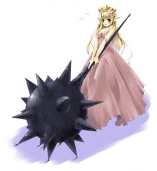 Rule 34 | 1girl, bare shoulders, blonde hair, dress, flower, huge weapon, long hair, mace, open mouth, pointy ears, solo, strapless, strapless dress, tongue, weapon, white background