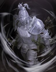 Rule 34 | 2boys, absurdres, air current, armor, banished knight oleg, breastplate, chinese commentary, commentary request, covered face, elden ring, faulds, feet out of frame, full armor, gauntlets, greaves, helm, helmet, highres, holding, holding sword, holding weapon, knight, male focus, multiple boys, multiple weapons, pauldrons, people, qingyexx, shoulder armor, solo focus, spikes, sword, tarnished (elden ring), walking, weapon