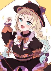 Rule 34 | :d, black dress, black hat, blonde hair, blue eyes, blue hair, blush, bow, braid, clenched hand, commentary, dress, fang, gradient hair, hands up, hat, hat bow, highres, light blue hair, link! like! love live!, long braid, long hair, long sleeves, looking at viewer, love live!, low twin braids, multicolored hair, neck ribbon, open mouth, orange ribbon, osawa rurino, puffy long sleeves, puffy sleeves, purple bow, ribbon, skin fang, smile, sparkle, trick &amp; cute (love live!), tukiwa poyo, twin braids, virtual youtuber