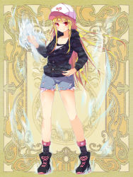 Rule 34 | 1girl, blonde hair, dennryuurai, fantasy, hat, long hair, psychic hearts, red eyes, shorts, solo, torn clothes