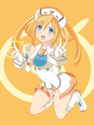 Rule 34 | 1girl, bare shoulders, blue eyes, boots, breasts, covered navel, elbow gloves, gloves, hair ornament, highres, leotard, long hair, looking at viewer, medium breasts, neptune (series), open mouth, orange hair, orange heart (neptunia), smile, solo, symbol-shaped pupils, tennouboshi uzume, twintails