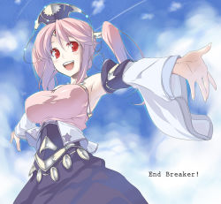 Rule 34 | 1girl, :d, blush, breasts, cloud, copyright name, crown, detached sleeves, dress, end breaker!, himura kiseki, large breasts, long hair, open mouth, outstretched arms, outstretched hand, pink hair, red eyes, sky, smile, solo, spread arms, strapless, strapless dress, twintails