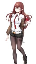 Rule 34 | 1girl, artist name, belt, black shorts, blouse, breasts, brown jacket, brown pantyhose, cellphone, closed mouth, collared shirt, foot out of frame, grey eyes, highres, holding, holding phone, jacket, pantyhose under shorts, long hair, looking at viewer, loose necktie, makise kurisu, medium breasts, necktie, off shoulder, pantyhose, phone, red hair, red necktie, relaxjon, shirt, shirt tucked in, short shorts, shorts, simple background, solo, standing, steins;gate, white background, white belt, white shirt