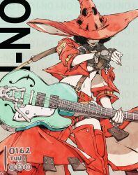Rule 34 | 0162 tuu, 1girl, black gloves, black hair, boots, breasts, cleavage, electric guitar, fingerless gloves, gloves, guilty gear, guilty gear strive, guitar, hat, highres, i-no, instrument, large breasts, long sleeves, mole, mole above mouth, navel, pink nails, red footwear, red headwear, red leather, red lips, short hair, smile, thigh boots, venus symbol, witch hat