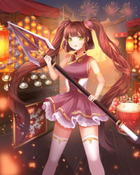 Rule 34 | 1girl, absurdres, bad id, bad pixiv id, breasts, brown hair, bun cover, china dress, chinese clothes, dress, fireworks, green eyes, gya (144), highres, holding, holding polearm, holding spear, holding weapon, long hair, looking at viewer, original, parted lips, polearm, skewer, solo, spear, thighhighs, twintails, weapon, white thighhighs