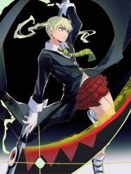 Rule 34 | 1girl, arm up, axelstool, black background, black jacket, blonde hair, commentary, diagonal-striped clothes, diagonal-striped necktie, gloves, gradient background, green eyes, green necktie, highres, holding, holding scythe, jacket, looking to the side, maka albarn, necktie, parted lips, plaid clothes, plaid skirt, pleated skirt, red skirt, scythe, shirt, skirt, solo, soul eater, striped clothes, twintails, two-tone background, white background, white gloves, white shirt