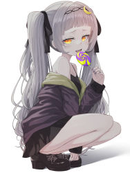 Rule 34 | 1girl, absurdres, between legs, black ribbon, black skirt, black tank top, blunt bangs, blush, breasts, candy, commentary request, fangs, food, grey background, grey hair, hair ornament, hair ribbon, hairband, hand between legs, hand up, highres, holding, holding candy, holding food, holding lollipop, hololive, jacket, kage (ka 9e 4su), lollipop, long hair, looking at viewer, miniskirt, murasaki shion, nail polish, off shoulder, open mouth, orange eyes, pleated skirt, purple jacket, purple nails, ribbon, shadow, shiny skin, sidelocks, skirt, small breasts, solo, squatting, tank top, thighs, twintails, virtual youtuber