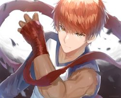 Rule 34 | 1boy, absurdres, artist name, blue shirt, blurry, blurry background, brown hair, collarbone, commentary, emiya shirou, fate/stay night, fate (series), hand up, highres, kanniiepan, looking at viewer, male focus, multicolored shirt, muscular, raglan sleeves, serious, shirt, short hair, shroud of martin, solo, torn clothes, torn shirt, upper body, white shirt