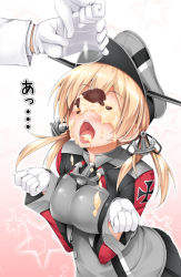 Rule 34 | 10s, 1girl, anchor hair ornament, blonde hair, blush, cross, failure, food, food on face, gloves, hair ornament, hat, highres, iron cross, kadokawa shoten, kantai collection, kokutou (kazuakifca), long hair, long sleeves, looking up, military, military uniform, open mouth, peaked cap, prinz eugen (kancolle), pudding, sexually suggestive, skirt, smile, solo focus, tongue, tongue out, translation request, twintails, uniform, white gloves