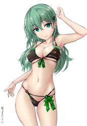 Rule 34 | 1girl, absurdres, arm up, armpits, bikini, black bikini, breasts, cleavage, cowboy shot, franz (217franz), front-tie bikini top, front-tie top, gluteal fold, green eyes, green hair, hair between eyes, hair ornament, hairclip, highres, kantai collection, large breasts, long hair, looking at viewer, multi-strapped bikini, navel, side-tie bikini bottom, simple background, smile, solo, suzuya (kancolle), swimsuit, white background